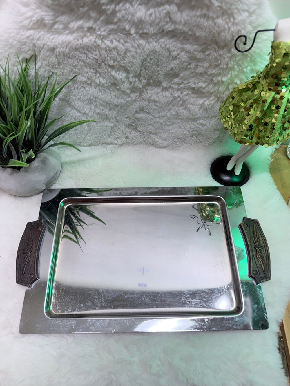 Chrome Vintage Silver Catch All Tray with Wood Look Decorative Handles 🔥
